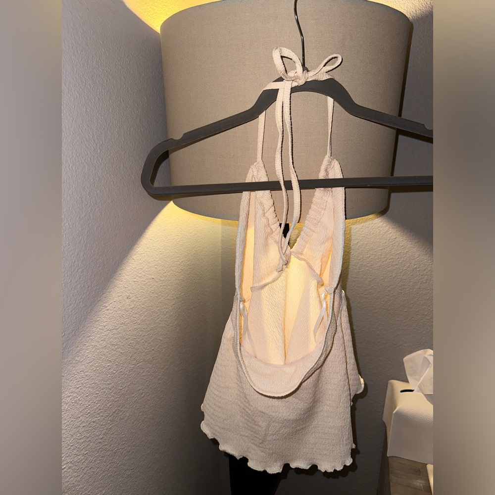 NEW Textured Beige Halter Crop Top Versatile Keyhole Tube Ties A-Line Swing XS - Picture 8 of 10